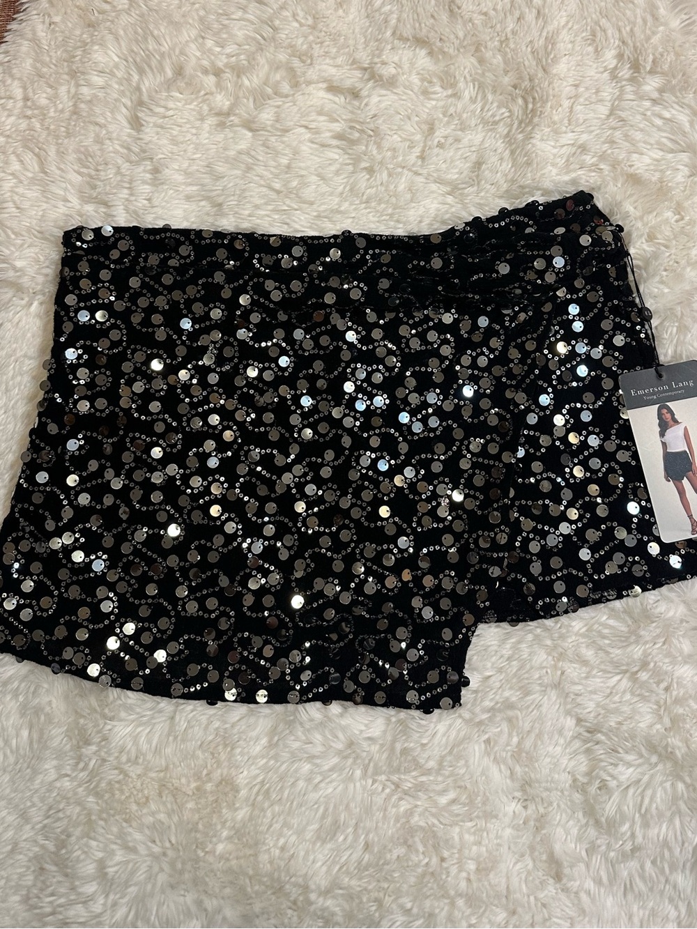 Emerson Lang Black Silver Sequin Mini Skort L Party Clubwear NWT - Picture 2 of 11